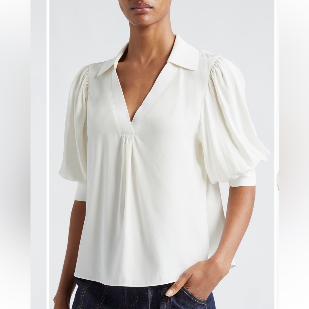 Cinq à Sept Weldon Collar Silk Top Puff shoulders Color: Ivory